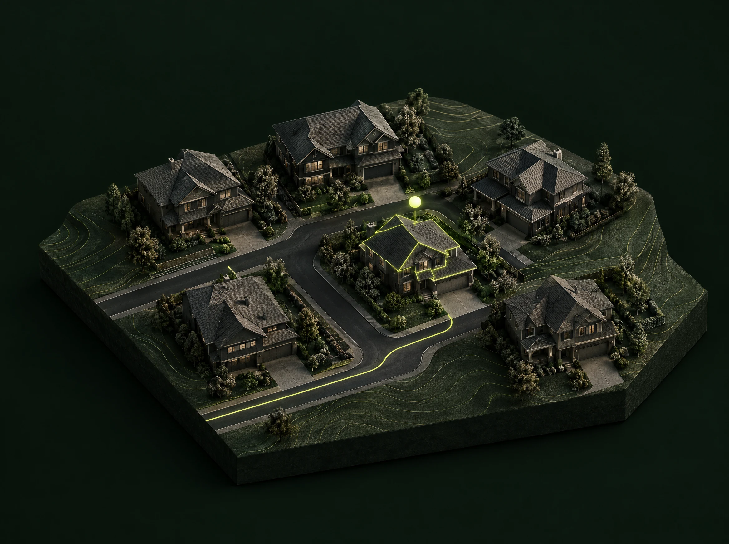 RoofRep concept artwork showing a neighborhood and a highlighted roof