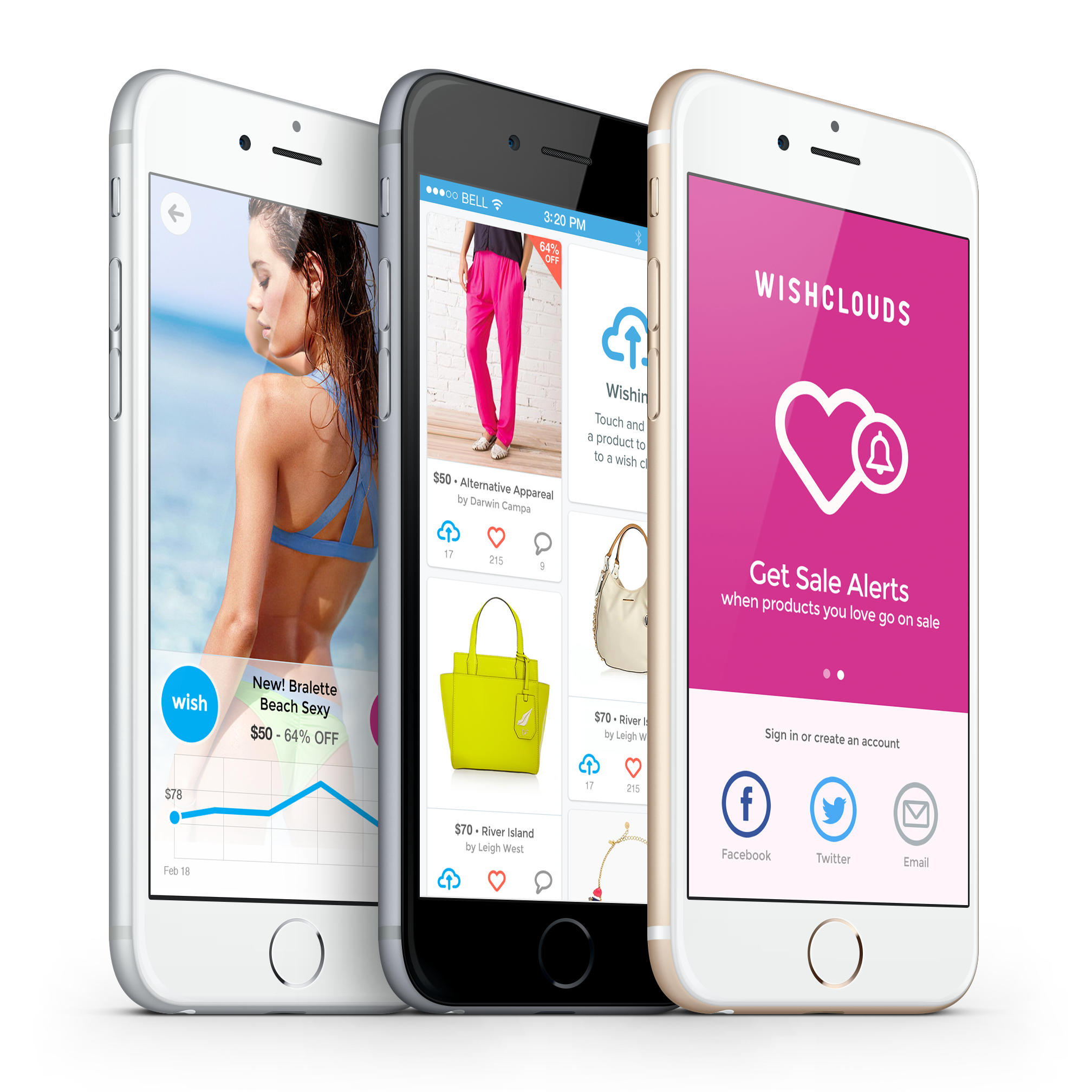 Three phones showing the WishClouds shopping and sale-alert experience