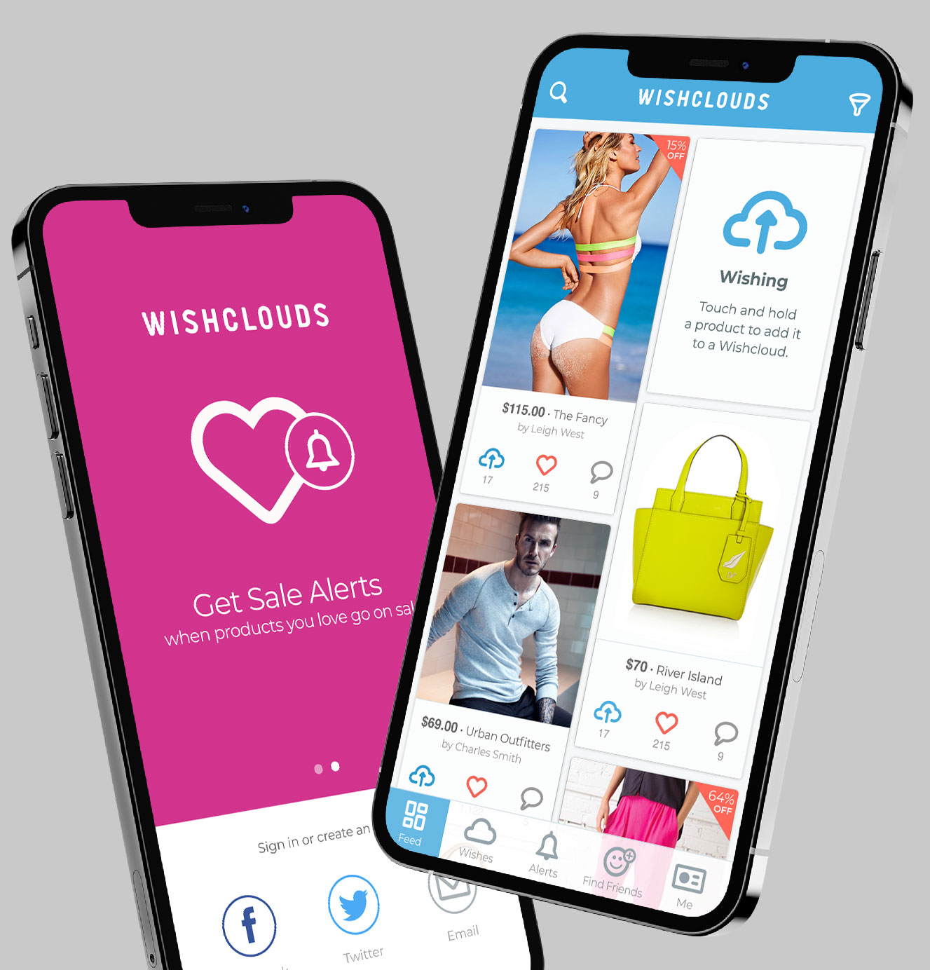 Two phones showing WishClouds shopping and sale alerts on a gray background.